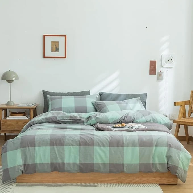 Elegant FACE TWO FACE Bedding Duvet Cover Set Washed Cotton Duvet Cover Linen Like Textured Breathable Durable Soft Comfy Queen Light Green Grid Fast
