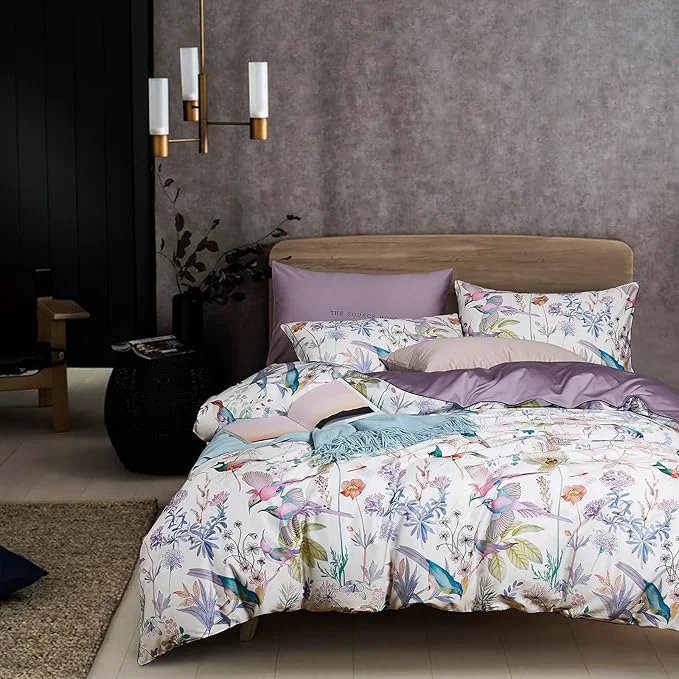 Functional mixinni King Size Duvet Cover Purple Flowers Bird Bedding Sets Shabby Chic Boho Long-Staple Cotton Duvet Cover Set with Zipper Ties 1 Duvet Cover 2 Pillowcases Ultra Soft Breathable-King Size Traditional