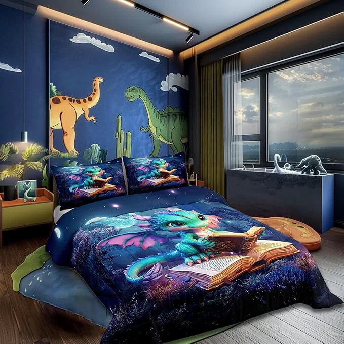 Easy-to-Use Castle Fairy Cartoon Dragon Bedding Set Queen Size Jungle Night Comforter Set for Girls Boys Teens Room Decor Cute Dragon Books Down Comforter Starry Moon Sky Quilt Set with 2 Pillowcases Consistent