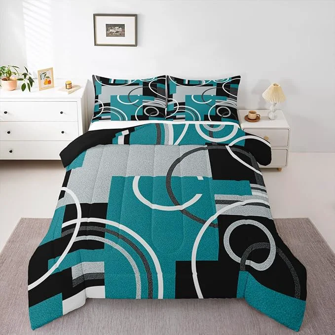 Casual Modern Turquoise Decor Comforter Full Geometric Circles Gird Bedding Set For Boys Girls Kids Teens Adult Black Grey Down Comforter Stripe Swirls Duvet Set Modern Graphic Texture Quilted Comforter Long-Lasting