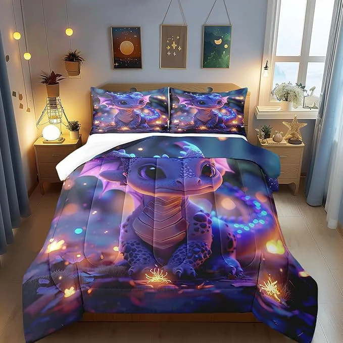 Environmentally Friendly Castle Fairy Cute Dragon Bedding Set Queen Size Mysterious Jungle Comforter for Child Toddler Teens Kawaii Western Dragon Animal Down Comforter Glitter Plant Duvet Insert with 2 Pillowcases Casual