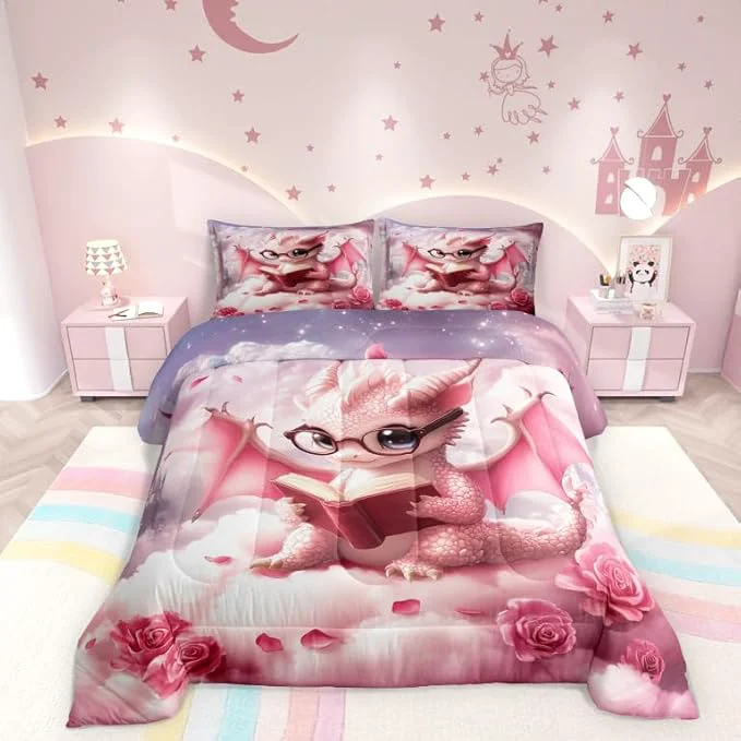 Eco-Friendly Kawaii Dragon Comforter Set King Size for Kids Western al Animal Bedding Sets All Season Pink Rose Flower Castle Quilt Set Bedroom Decor Dreamy Gradient Sky Down Comforter 3Pcs Genuine