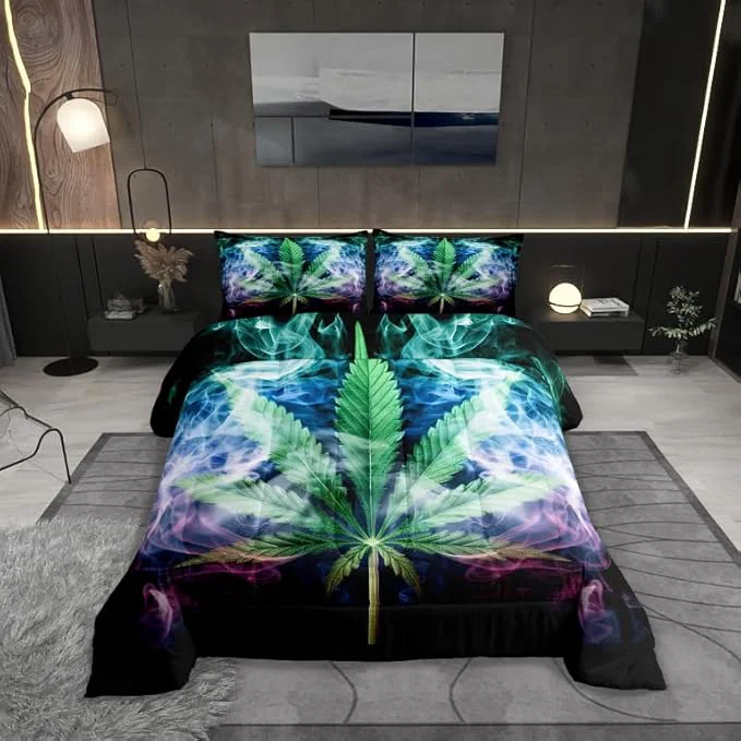 Fast Castle Fairy Marijuana Leaf Bedding Set King Size Misty Cannabis Leaf Comforter Set for Girls Boys Teens Room Decor Wild Weed Plant Down Comforter Gothic Nature Plants Quilt Set with 2 Pillowcases World-Class