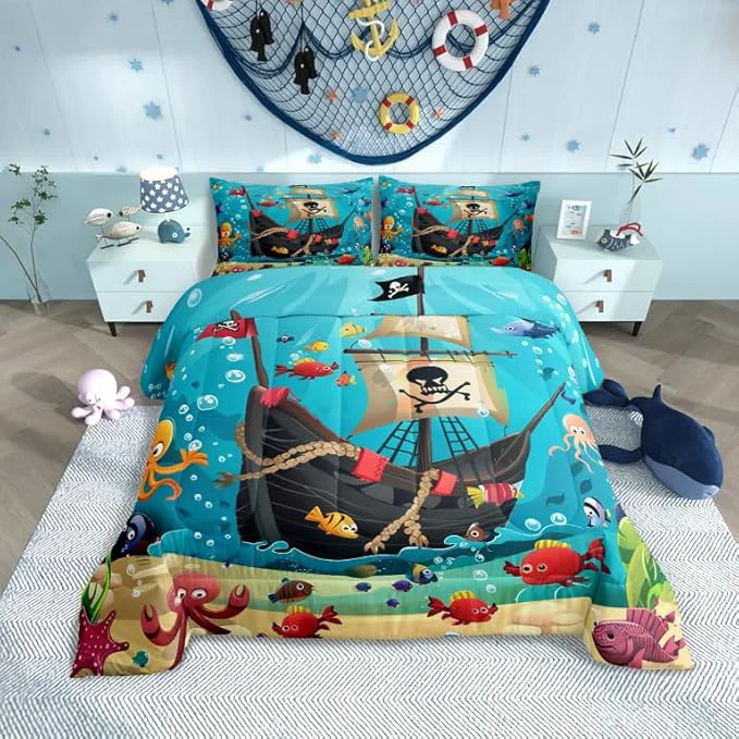 Smart Castle Fairy Cartoon Pirate Ship Comforter Set Twin Size for Kids Marine Adventure Bedding Sets All Season Underwater Fish Quilt Set Bedroom Decor Cute Octopus Jellyfish Down Comforter 2Pcs Carefully Designed