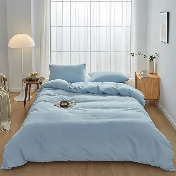 Healthy FACE TWO FACE Bedding Duvet Cover Set Washed Cotton Duvet Cover Linen Like Textured Breathable Durable Soft Comfy King Light Cyan Classic