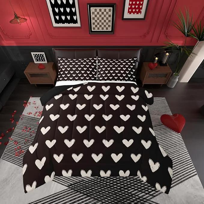 Fine Black and White Full Size Comforter Sets for Girls Cute Heart Pattern Bedding for Teens Valentine Day Gift Cartoon Love Geometric Duvet Insert Love Heart Down Comforter Cute Bedding Quilt 3Pcs Healthy