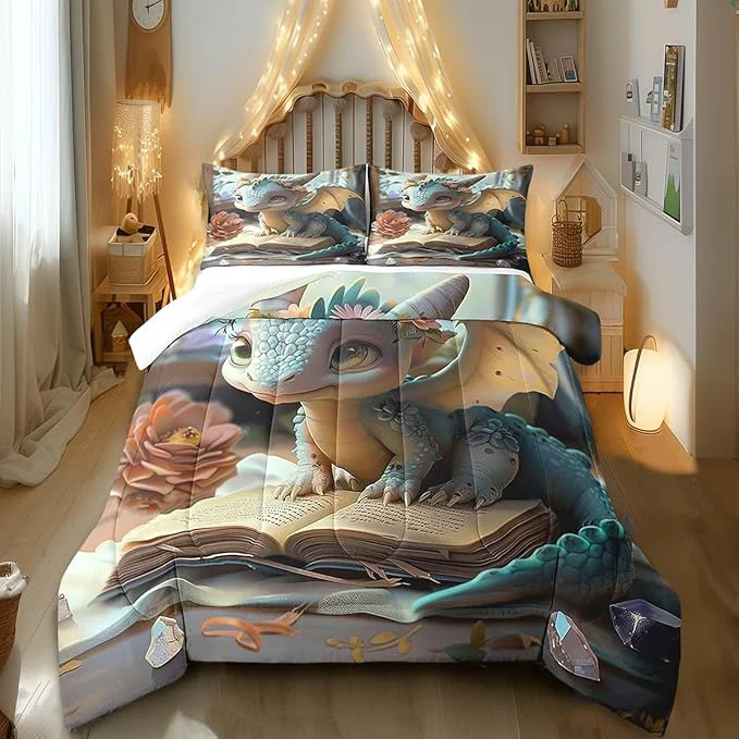 Next-Generation Castle Fairy Cartoon Dragon Comforter Set Queen Size Fantasy Western Animal Bedding Set Toddler Bedroom Decor Wild Daisy Flower All Season Quilt Set Cute Dragons Bedding Comforter Sets 3Pcs Contemporary