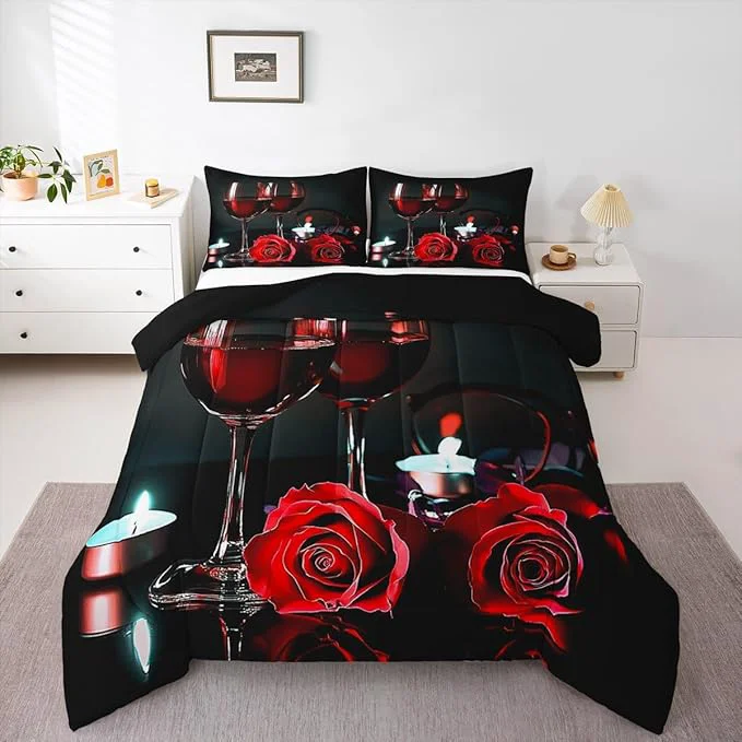 World-Class Erosebridal Rose Wine Glass Comforter Set for Girls Eiffel Tower Bedding Set Twin Size Red Black Rose Floral Quilt Set Banquet Flower Blossom Romantic Valentine 39 s Day Duvet Set Grey Comforter Set Responsible