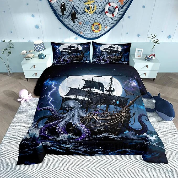 Minimalist Castle Fairy Octopus Pirate Ship Comforter Set Full Size 3 Pcs Moon Lightning Galaxy Night Sky Bedding Set for Kids Teens Adults Wild Sealife Ocean Sailing Comforter Duvet Set with 2 Pillowcases Consistent