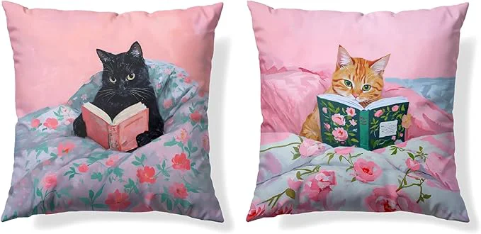 Carefully Designed Funny Cat Reader Book Pillow Cover 18 x 18 Set of 2 Reading Nook Corner Decor Preppy Floral Black Orange Tabby Tuxedo Cats Bookish Pillowcase Gifts for Book Lovers Classic