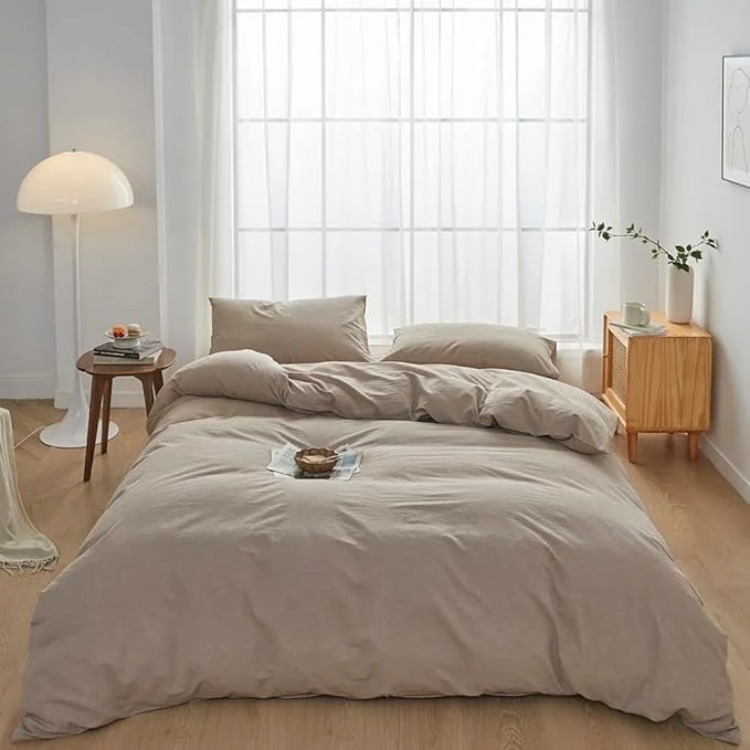 Contemporary FACE TWO FACE Bedding Duvet Cover Set 3 Pieces Washed Cotton Duvet Cover Linen Like Textured Breathable Durable Soft Comfy California King Khaki Relaxed