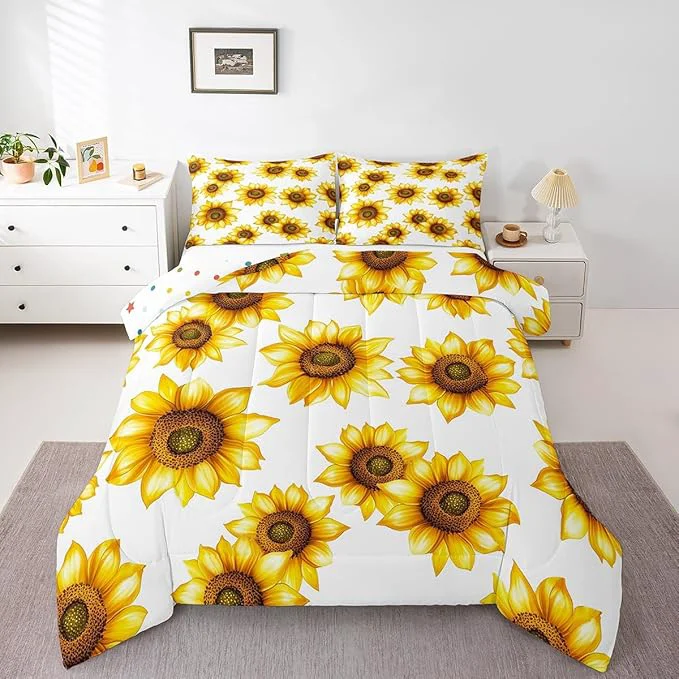 Reliable Sunflower Queen Size Bedding Set 3D Floral Botanical Comforter Set Yellow Flowers Bedding Comforter Sets Pastoral Sunflower Decor For Home Quilt Stylish Garden Theme Bedding With 2 Pillowcases White Easy-to-Use