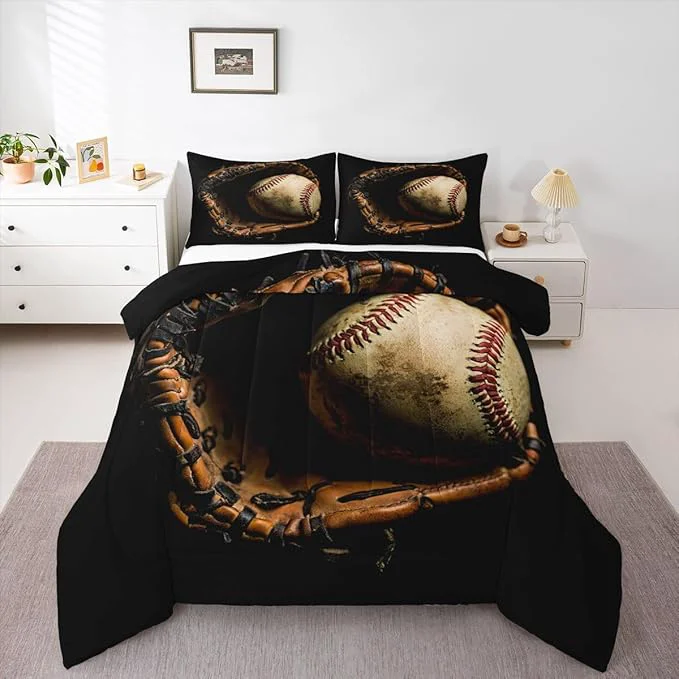 Original Erosebridal Baseball Comforter Set Full Size Sports Game Bedding Baseball Player Duvet Insert for Kids Boys Teens Retro Style Quilt for Room Dorm Decorative Brown Down Comforter Smart