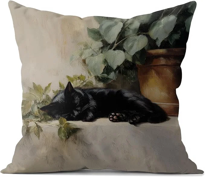 Long-Lasting Vintage Sleeping Black Cat Throw Pillow Covers 18×18 cat Gifts for Women Rustic Farmhouse Decor Gothic Moody Black Kitten Pillowcase，Aesthetic Black Cats Vintage Cats Decor Enhanced