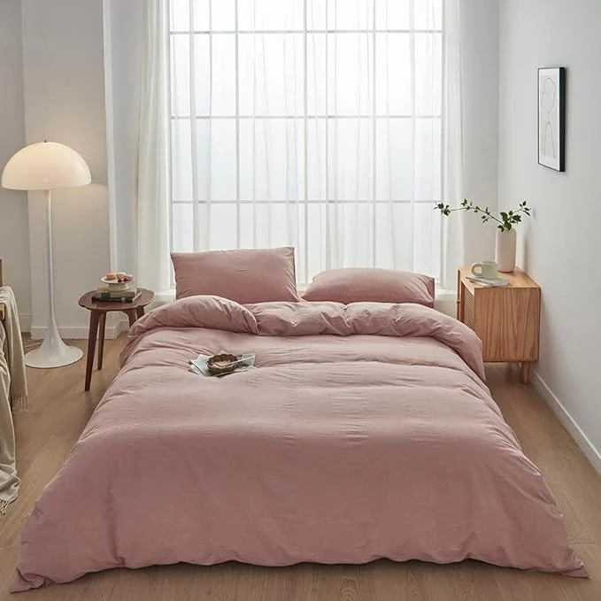 Premium Material FACE TWO FACE Bedding Duvet Cover Set Washed Cotton Duvet Cover Linen Like Textured Breathable Durable Soft Comfy California King Old Pink Classic