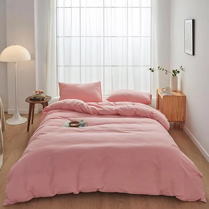 Trendy FACE TWO FACE Bedding Duvet Cover Set 3 Pieces Washed Cotton Duvet Cover Linen Like Textured Breathable Durable Soft Comfy California King Light Pink High-End