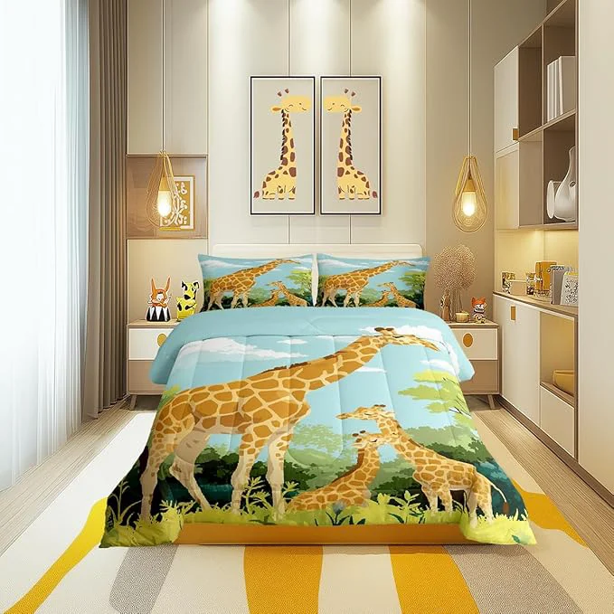 Sophisticated Castle Fairy Cartoon Giraffe Comforter Set Full Size for Kids Cute Tropical Wild Animal Bedding Sets All Season Blue Sky Jungle Trees Quilt Set Bedroom Decor Tallest Neck Animal Down Comforter 3Pcs Solid