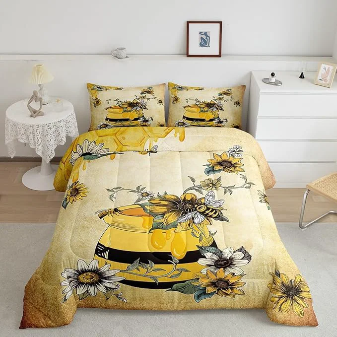 Original Erosebridal Yellow Bee Bedding Set Sweet Honey Can Comforter Set for Teens Adult Women Gerbera Floral Duvet Set 3Pcs with 2 Pillow Cases Vintage Cartoon Microfiber Down Comforter Queen Size Minimalist