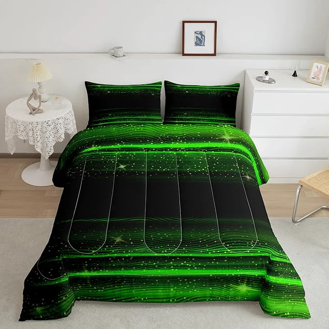 Reusable Ombre Stripes Bedding Set King Black Green Outer Space Comforter Modern Gradient Geometric Down Comforter for Kids Boys Girls Teens Adult Soft Quilt Warm Lightweight with 2 Pillowcases Bedroom Decor Functional