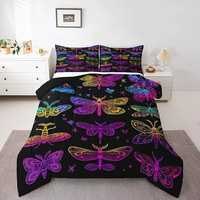 Fine Butterfly Bedding Set Trippy Ombre Dragonfly Comforter Set for Kids Girls Teens Gradient Rainbow Butterflies Bedding Comforter Sets Psychedelic Colorful Moth Quilt Halloween Bedroom Decor Queen Trendy
