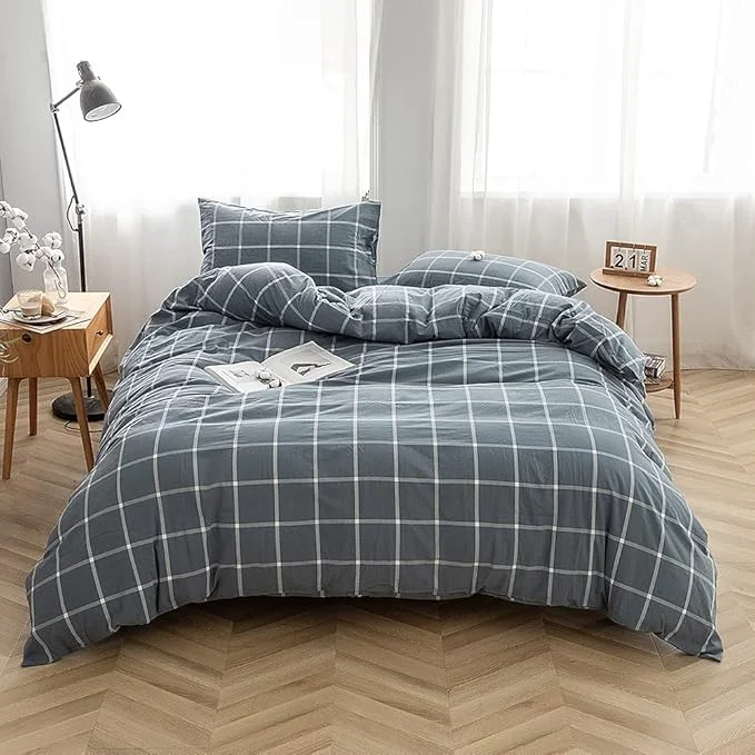 First-Class FACE TWO FACE Bedding Duvet Cover Set Washed Cotton Duvet Cover Linen Like Textured Breathable Durable Soft Comfy Twin Grey Green Grid Top-Quality