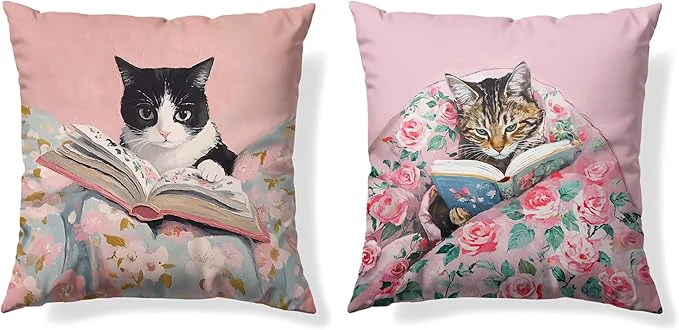 High-Grade Funny Cat Reader Book Pillow Cover 18 x 18 Set of 2 Preppy Floral Black Orange Tabby Tuxedo Cats Bookish Pillowcase Gifts for Book Lovers Reading Nook Corner Decor Fast
