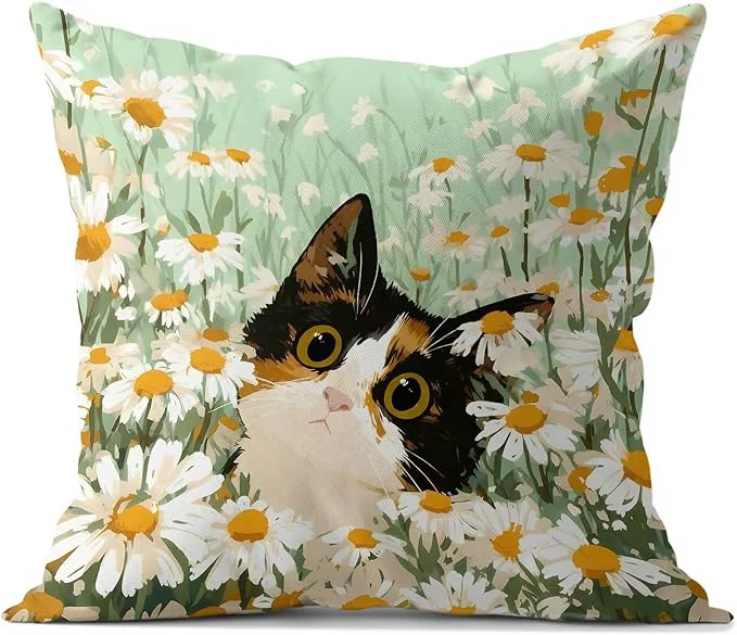 Specialty Calico Cat Daisy Throw Pillow Covers 18×18 Gifts for Cat Lovers Boho Floral Cat Pillowcases Aesthetic Spring Decor for Dorm Bedroom Office High-Quality