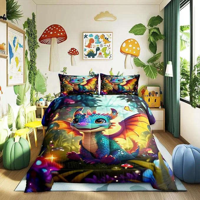 Comfortable Castle Fairy Cartoon Dragon Bedding Set King Size Polka Dot Mushroom Comforter Set for Kids Teens Room Decor Cute Western Dragon Duvet Insert Fantasy Jungle Butterfly Down Comforter Set 3Pcs Next-Generation