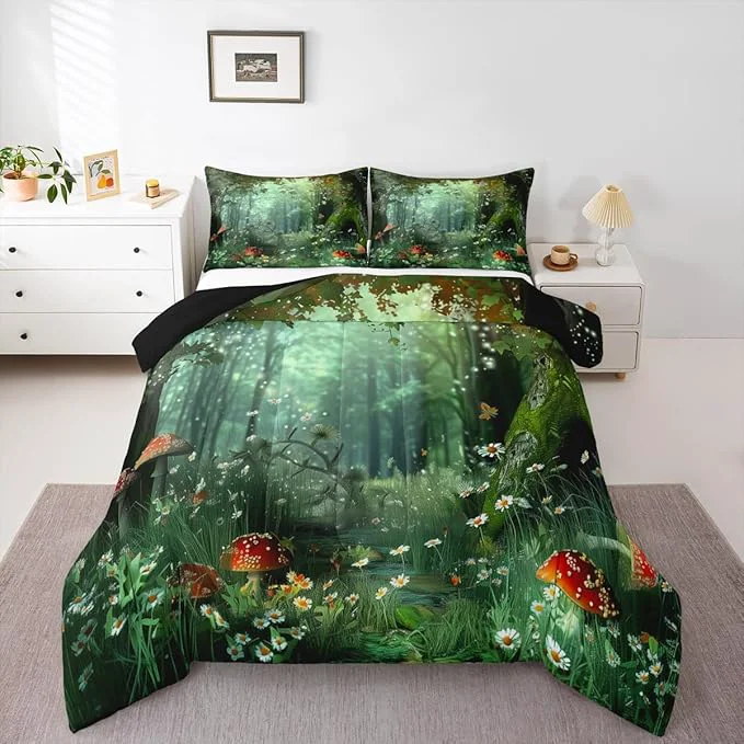 Genuine Erosebridal al Comforter Set Queen Mushroom Bedding Set for Girls Women Kids Teens Daisy Leaves Branches Sunset Nature Duvet Insert Cute Style Soft Warm Quilted Duvet Bedroom Decor Green Prestigious