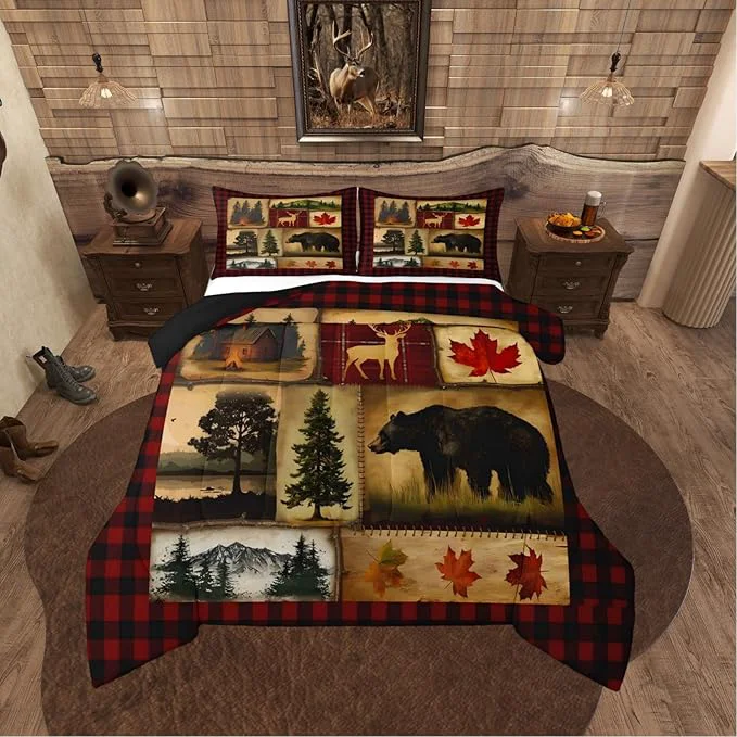 Practical Erosebridal Bear Cabin Plaid Comforter Set Full Rustic Farmhouse Bedding Set Retro Hunting Deer Woodland Quilt Country Western Duvet Set Christmas RV Lodge Decor Down Comforter Red Black Brown Classic