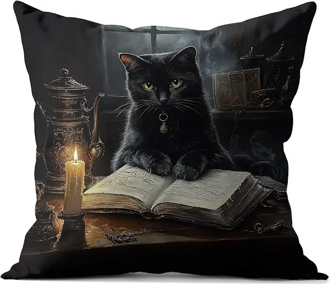 Modern Witchy Black Cat Reading Book Throw Pillow Covers 18×18 cat Gifts for Women Dark Cottagecore Flower Decor Gothic Moody Black Kitten Pillowcase，Aesthetic Black Cats Vintage Cats Decor Specialty