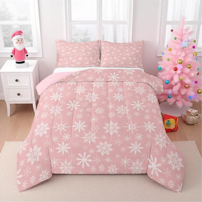 Relaxed Erosebridal Pink Christmas Comforter Set King Girly Romantic Snowflake Duvet Insert Princess Winter Quilt Girls Modern Style Bedding Set Bedroom Decor Pink Floral Bedding Set amp 2 Pillowcases Selected