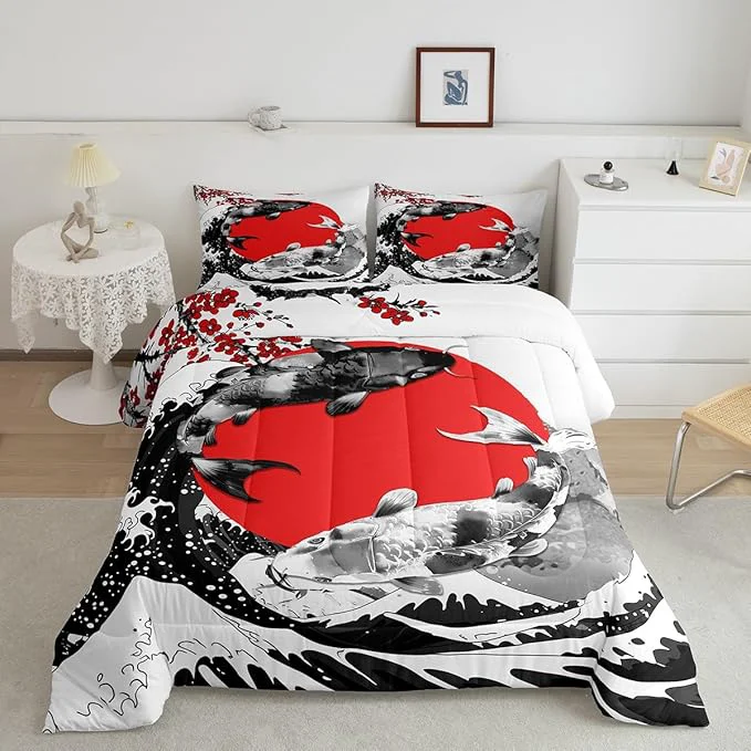Modern Mount Fuji Quilt Japanese Style Koi Fish Duvet Insert Ukiyo-E Theme Comforter Set Mountain Cherry Blossom Red Sun Ink Painting Down Comforter 3 Pieces with 2 Pillow Cases King Size Black White Innovative