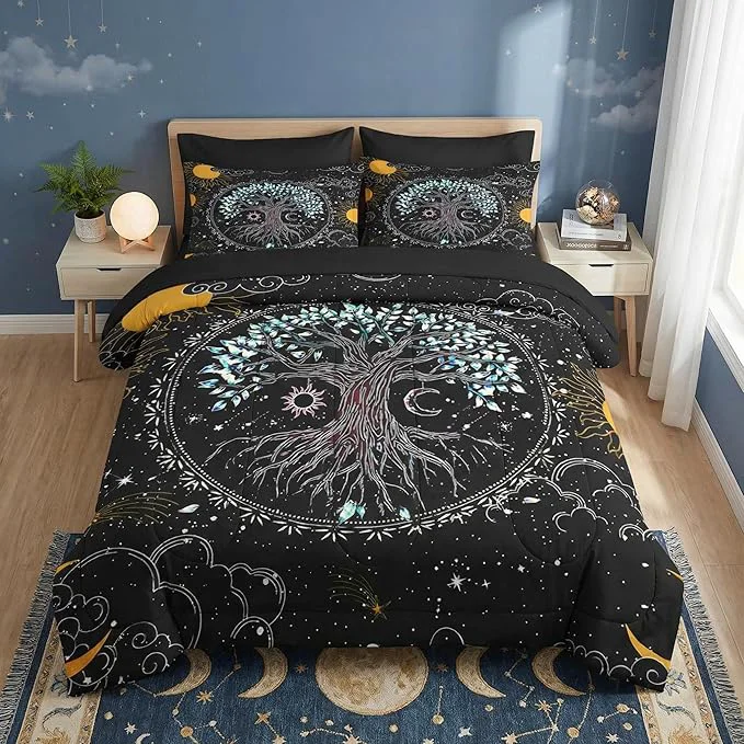 Fashionable Comforter Set Queen Size Trippy Hippie Tree of Life 7 Pcs Bedding for Kids and Adults Sun and Moon Bohemian Bed Sheet Sets with Fitted Sheet 2 Pillowcase amp 2 Sham for Bedroom Bed Decor Artisan