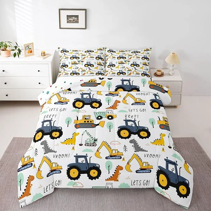 Breathable Cartoon Car Kids Comforter Set King Excavator Tractor Bedding Set for Child Teens Dinosaur Comforter Equipment Truck Quilted Duvet Heavy Machinery Construction Bedding Comforter with 2 Pillowcases Recyclable