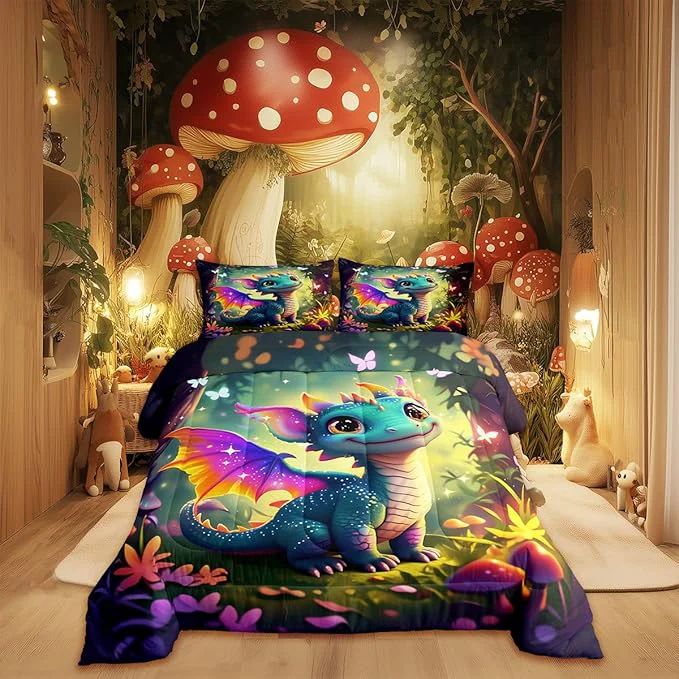 Certified Cute Dragon Comforter Set Twin Size Mushroom Floral Butterfly Bedding Set Bedroom Decor for Kids Boys Girls Fantasy Purple Orange Wings Dragon All Season Blanket Gift Dragons Lover Son Birthday 2Pcs Casual