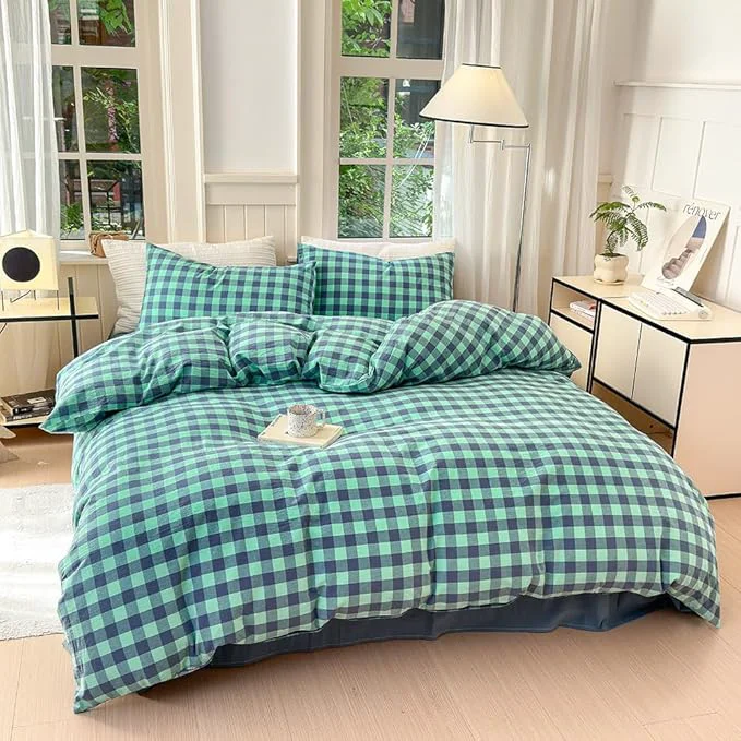 Fine FACE TWO FACE Bedding Duvet Cover Set Washed Cotton Duvet Cover Linen Like Textured Breathable Durable Soft Comfy Full Blue Green Grid Elite