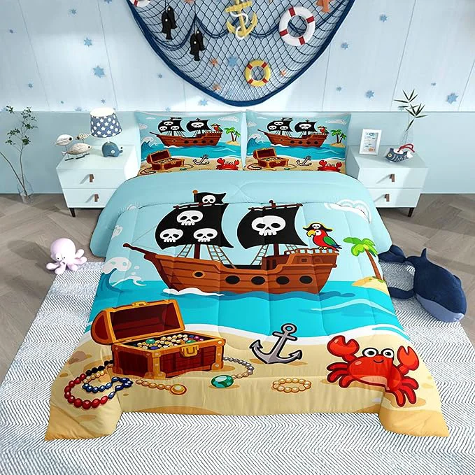 Exclusive Cartoon Pirate Ship Bedding Set Cartoon Parrot Crab Coastal Creature Comforter Set for Kids Teens Adults Nautical Sailing Ocean Theme Comforter Duvet Set with 2 Pillowcases Full Size 3 Pcs Solid