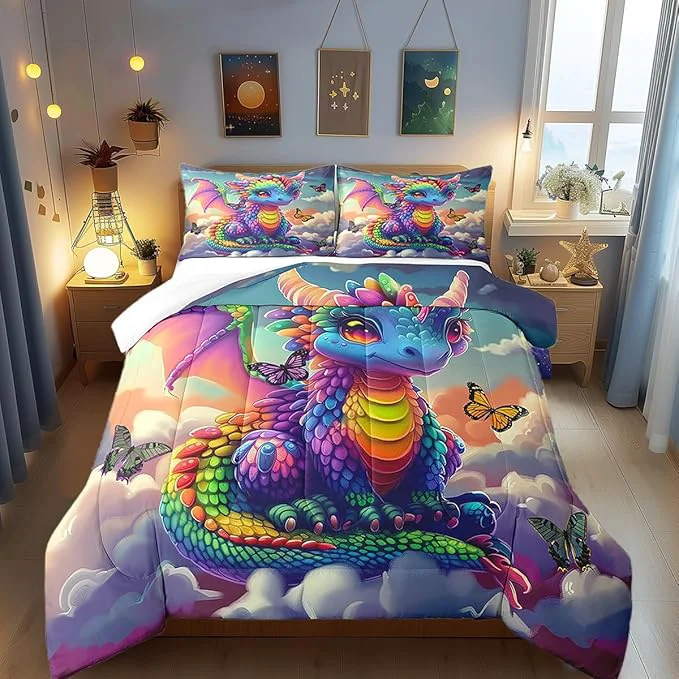 Sustainable Castle Fairy Colorful Dragon Bedding Set Twin Size Fancy Western Animal Comforter Set for Girls Boys Teens Room Decor Wild Butterfly Down Comforter Sunny Sky Clouds Quilt Set with 1 Pillowcase Solid
