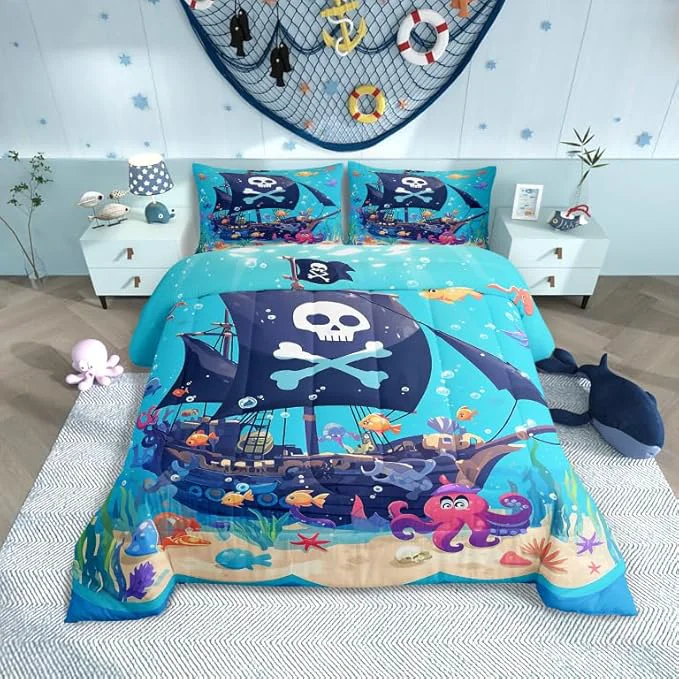 Trendy Castle Fairy Cartoon Pirate Boat Comforter Set Twin Size Cute Octopus Ocean Fish Bedding Set Bedroom Decor Funny Undersea World Quilt Set for Kids Boys Girls Watercolor Seaweed Duvet Insert 2Pcs Elite