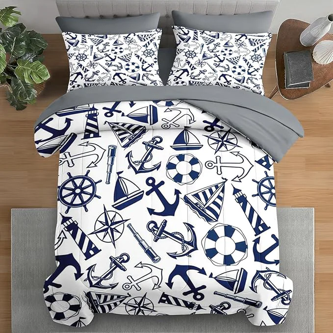 Luxury Comforter Set Twin Size Nautical Anchors Navy Blue 5 Pcs Bedding for Kids and Adults Retro Sailor Lighthouse Bed Sheet Sets with Fitted Sheet Pillowcase amp Sham for Bedroom Bed Decor Secure