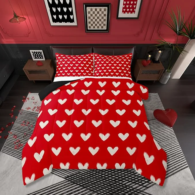 User-Friendly Red White Comforter Set King Size Cute Heart Pattern Bedding For Kids Boys Girls Valentine Day Gift Quilt Cartoon Love Geometric Duvet Insert Love Heart Soft Warm Bedding Sets Bedroom Decor 3Pcs Recyclable