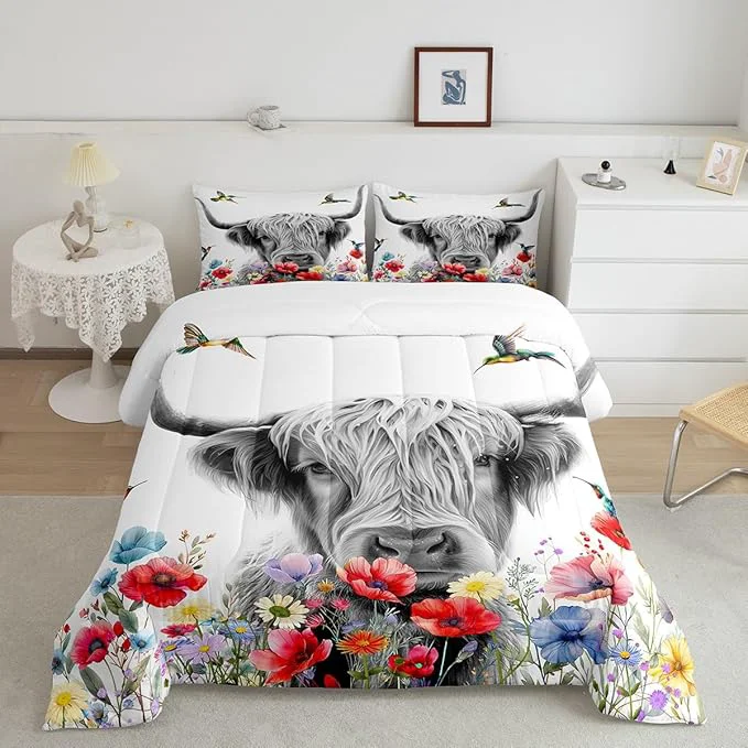 Secure Highland Cow Comforter Set King Red Poppy Floral Bedding Set for Teens Boys Girls Adult Hummingbird Western Funny Animals Quilt Set Cattle Bull Cattle Wild Animals Farmhouse Down Comforter Powerful