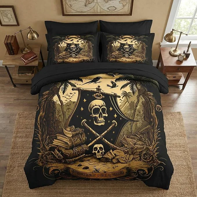 Premium Material Comforter Set Full Size Pirate Skeleton 7 Pcs Bedding for Kids and Adults Halloween Vintage Gothic Bed Sheet Sets with Fitted Sheet 2 Pillowcase amp 2 Sham for Bedroom Bed Decor Effective