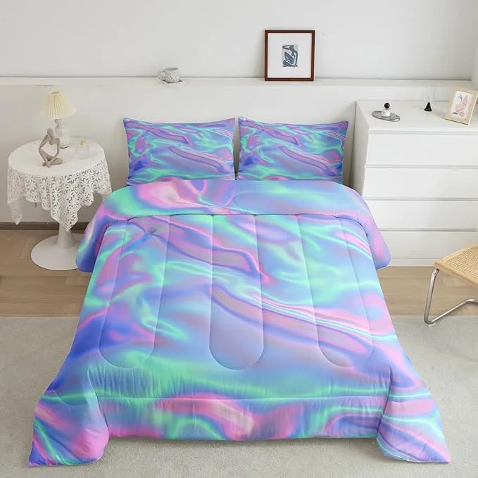 Breathable Ombre Tie Dye Bedding Set King Psychedelic Gradient Comforter Girls Dreamy Rainbow Bedding Princess Green Purple Quilted Duvet Bedroom Decor Girly Colorful Print Bedding Sets amp Collections 3Pcs Genuine