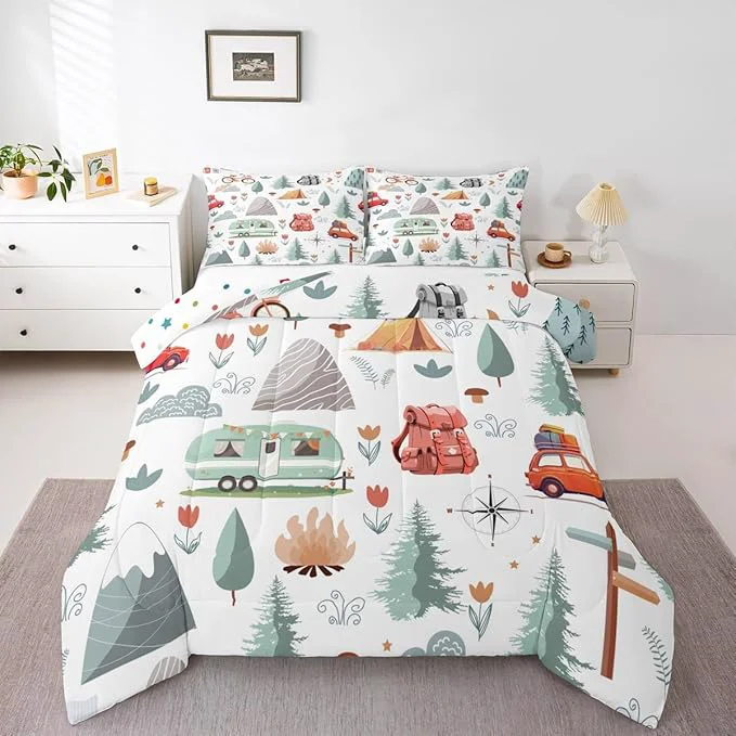 Original Design Kids Camper Theme Comforter Set Full 3Pcs Happy Camping Bedding for Toddler Travel Car Rv Accessories Down Comforter Botanical Flowers Mountain Adventure Quilt Cute Camper Duvet Set Room Decor Lightweight