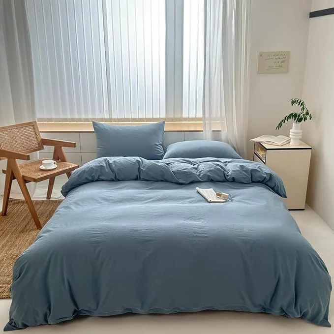 Quality FACE TWO FACE Bedding Duvet Cover Set Washed Cotton Duvet Cover Linen Like Textured Breathable Durable Soft Comfy California King Deep Gray Blue Sustainable