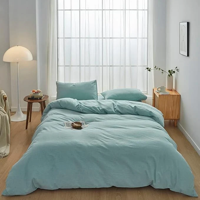 Safe FACE TWO FACE Bedding Duvet Cover Set Washed Cotton Duvet Cover Linen Like Textured Breathable Durable Soft Comfy California King Dusty Blue Comfortable