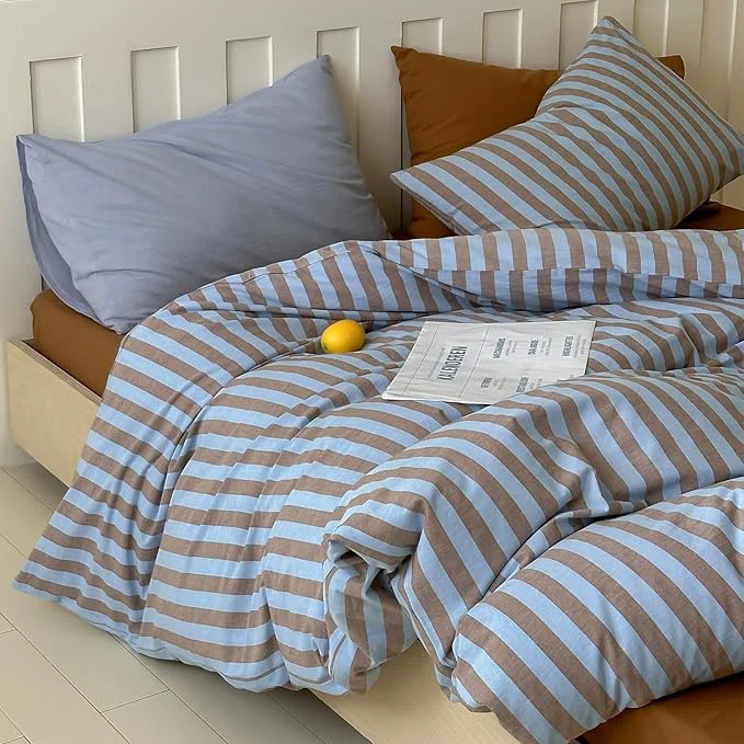 LifeTB Retro Striped Duvet Cover Set Queen Washed Cotton Vintage Blue Brown Stripes Pattern Printed Bedding Set 3 Pieces Soft Breathable Comforter Cover Striped Cotton Duvet Cover Queen Versatile