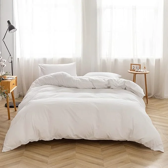 Practical FACE TWO FACE Bedding Duvet Cover Set 3 Pieces Washed Cotton Duvet Cover Linen Like Textured Breathable Durable Soft Comfy Queen White Classic